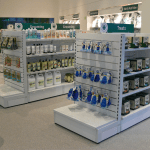 Gondola shop shelving in beauty products store
