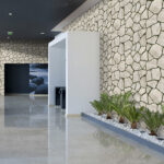 Imitation stone wall panels in retail lobby of hotel
