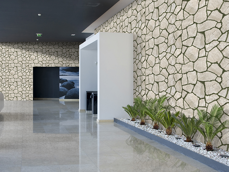 Imitation stone wall panels in retail lobby of hotel