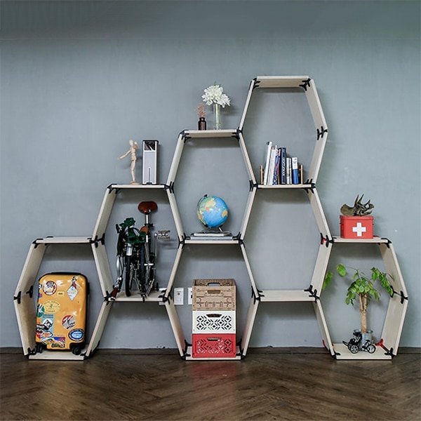 timber-hexagon-honeycomb-shelves-on-floor